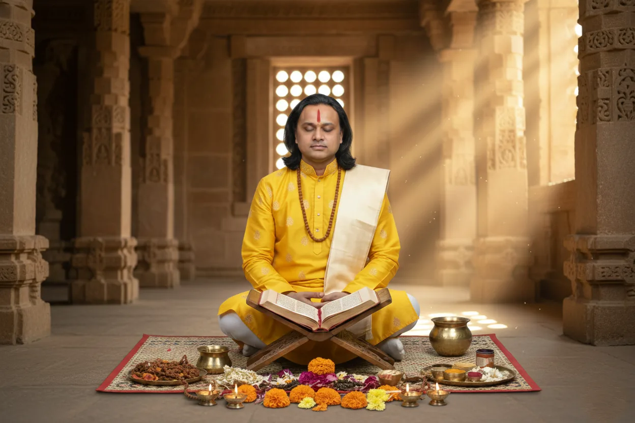 Acharya Vikramaditya in prayer with sacred book and offerings